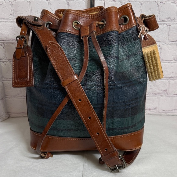 Polo Ralph Lauren Handbags - Vintage Polo Rally Lauren Plaid Brown Leather Crossbody Bucket Bag w/Luggage Tag